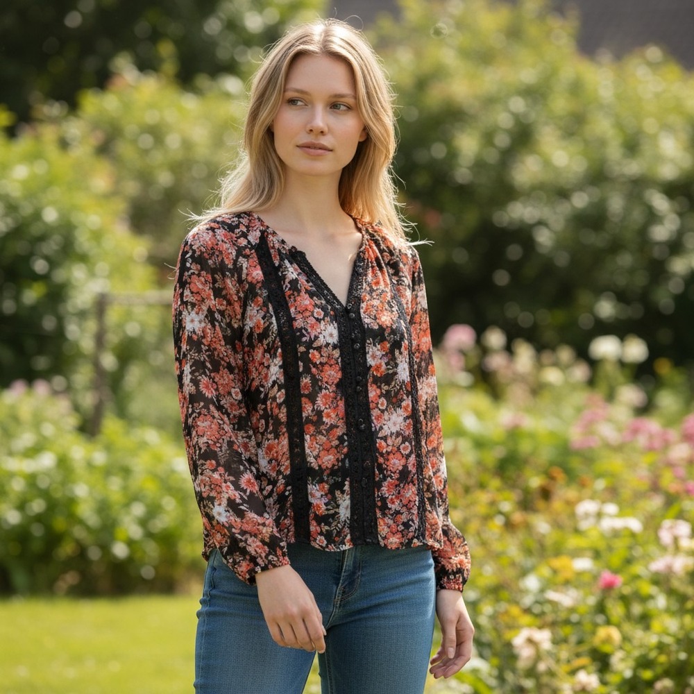 Oak & Trellis Small Black Orange Floral Lace Trim Boho V-Neck Blouse / #26852
